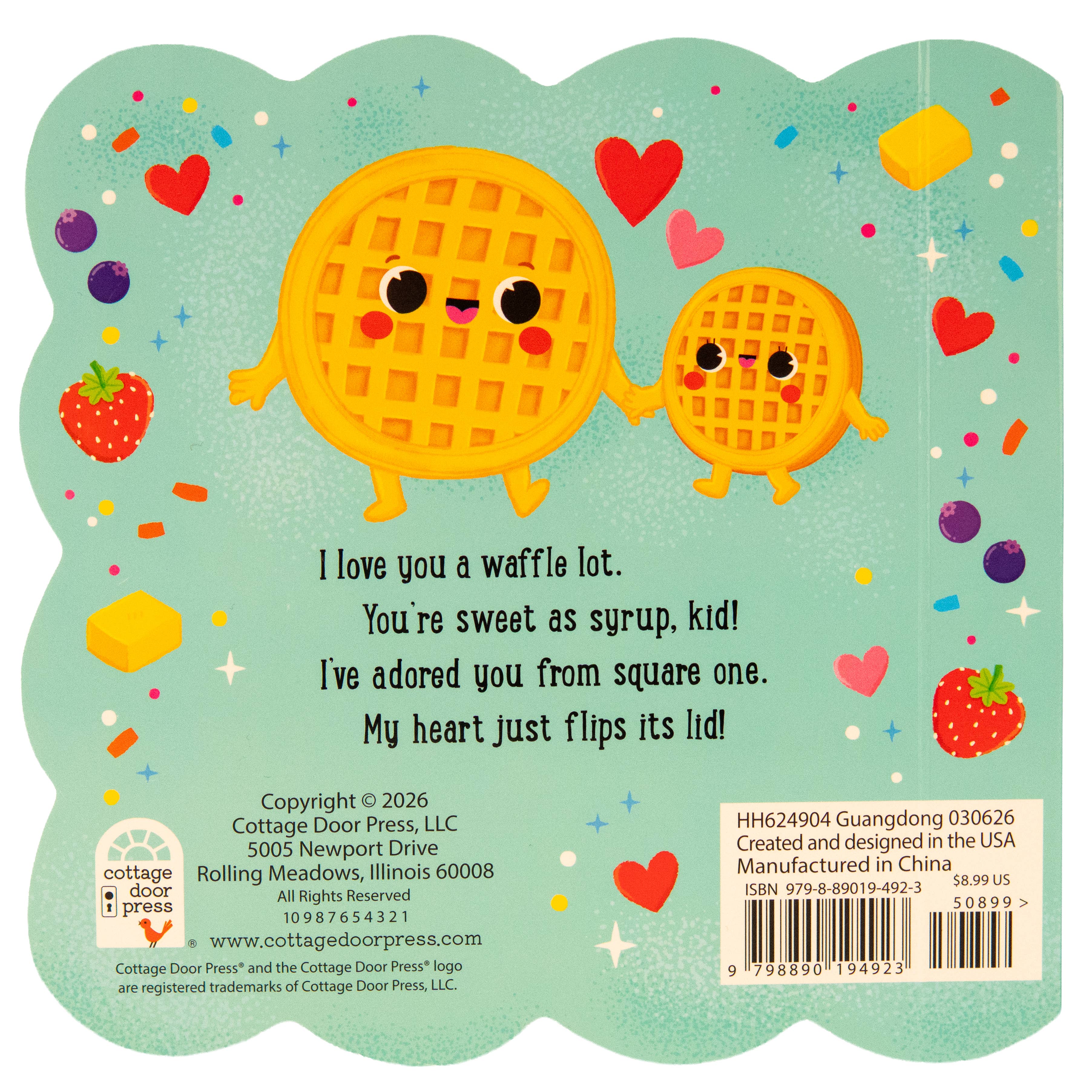 Back cover of a children's book with waffle characters and colorful design