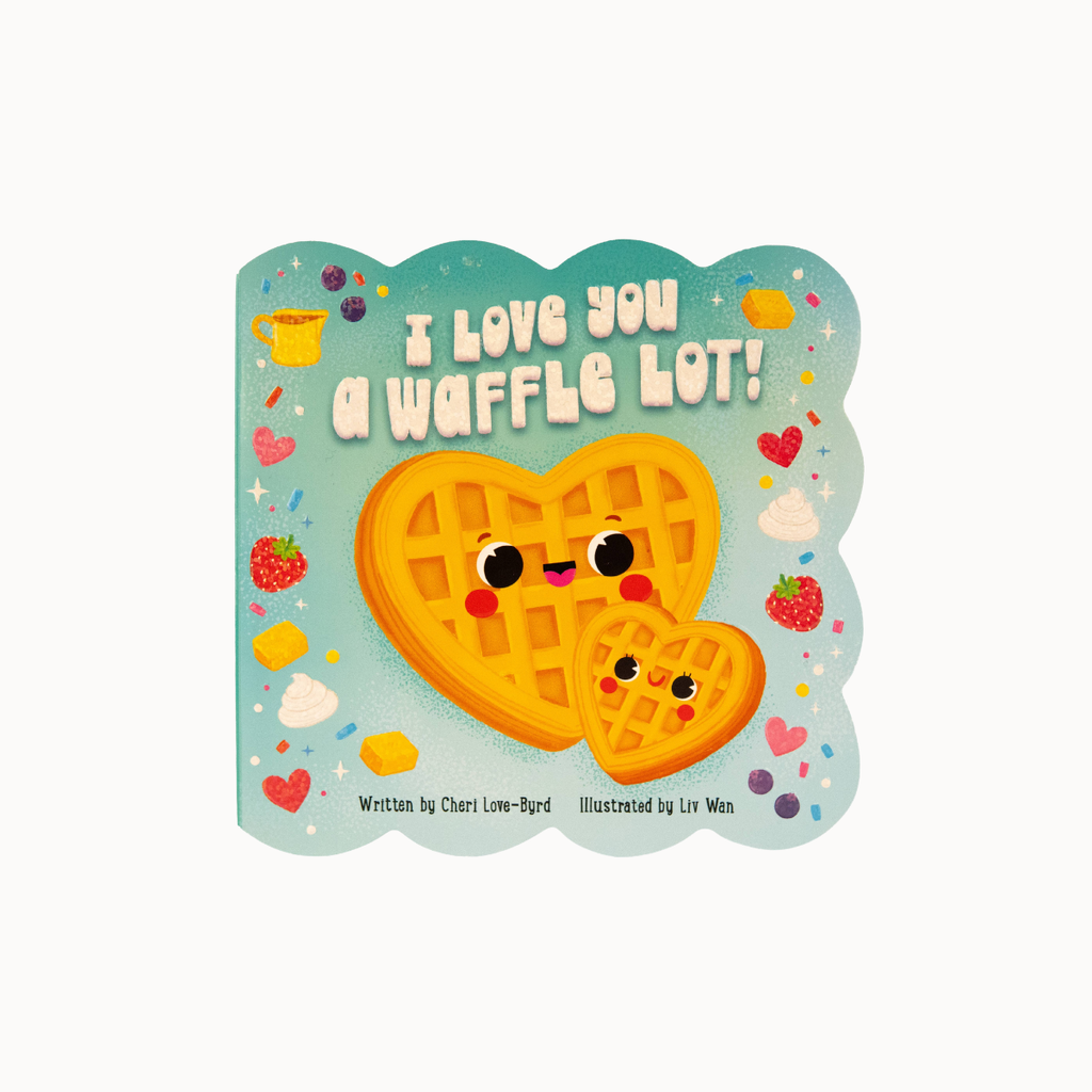 A square children's board book with scalloped edges featuring a light blue cover and two smiling waffle characters in the center. The title reads 'I Love You A Waffle Lot!' with small illustrations of strawberries, hearts, and other breakfast-themed accents around the border.