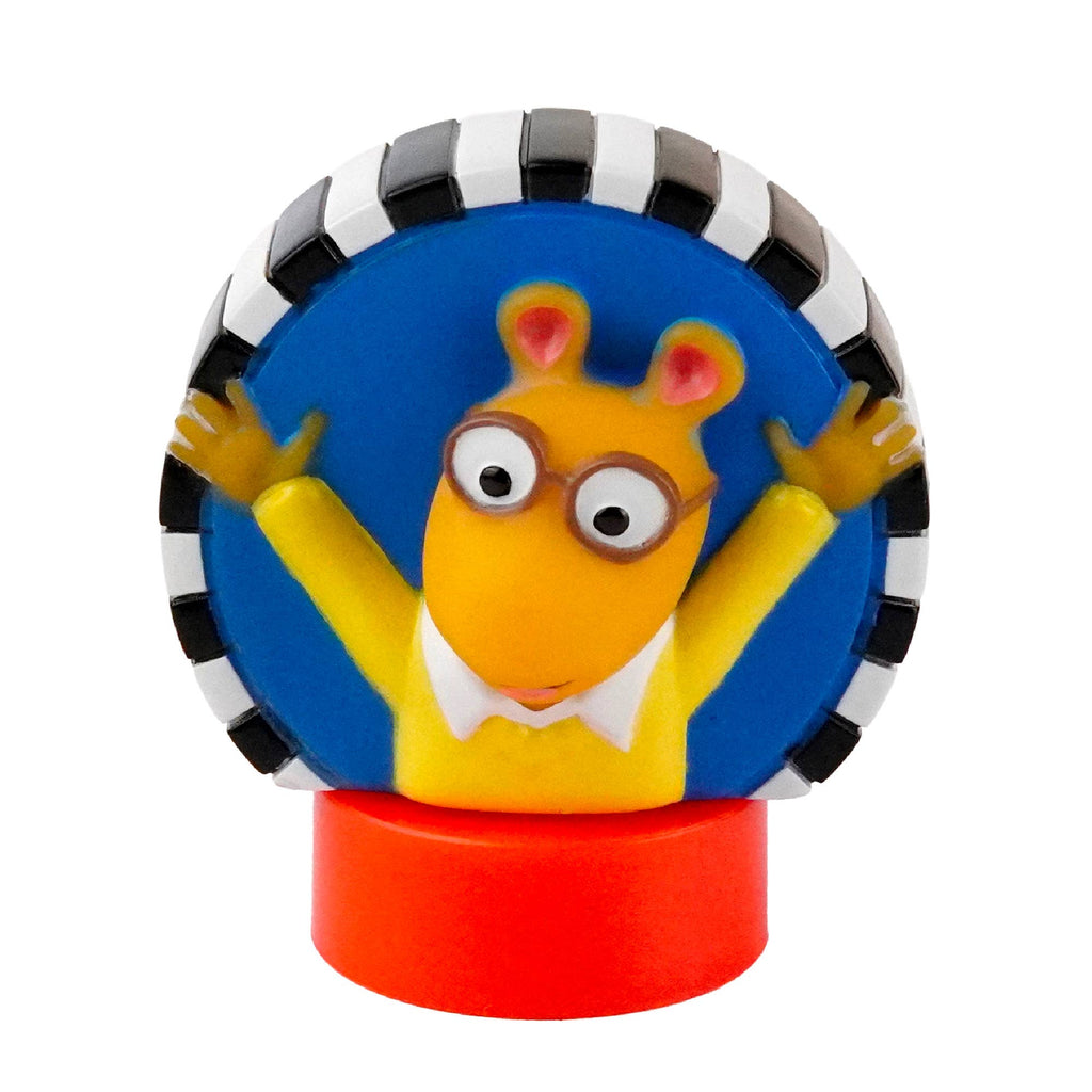 Colorful toy figure with a character on a blue background