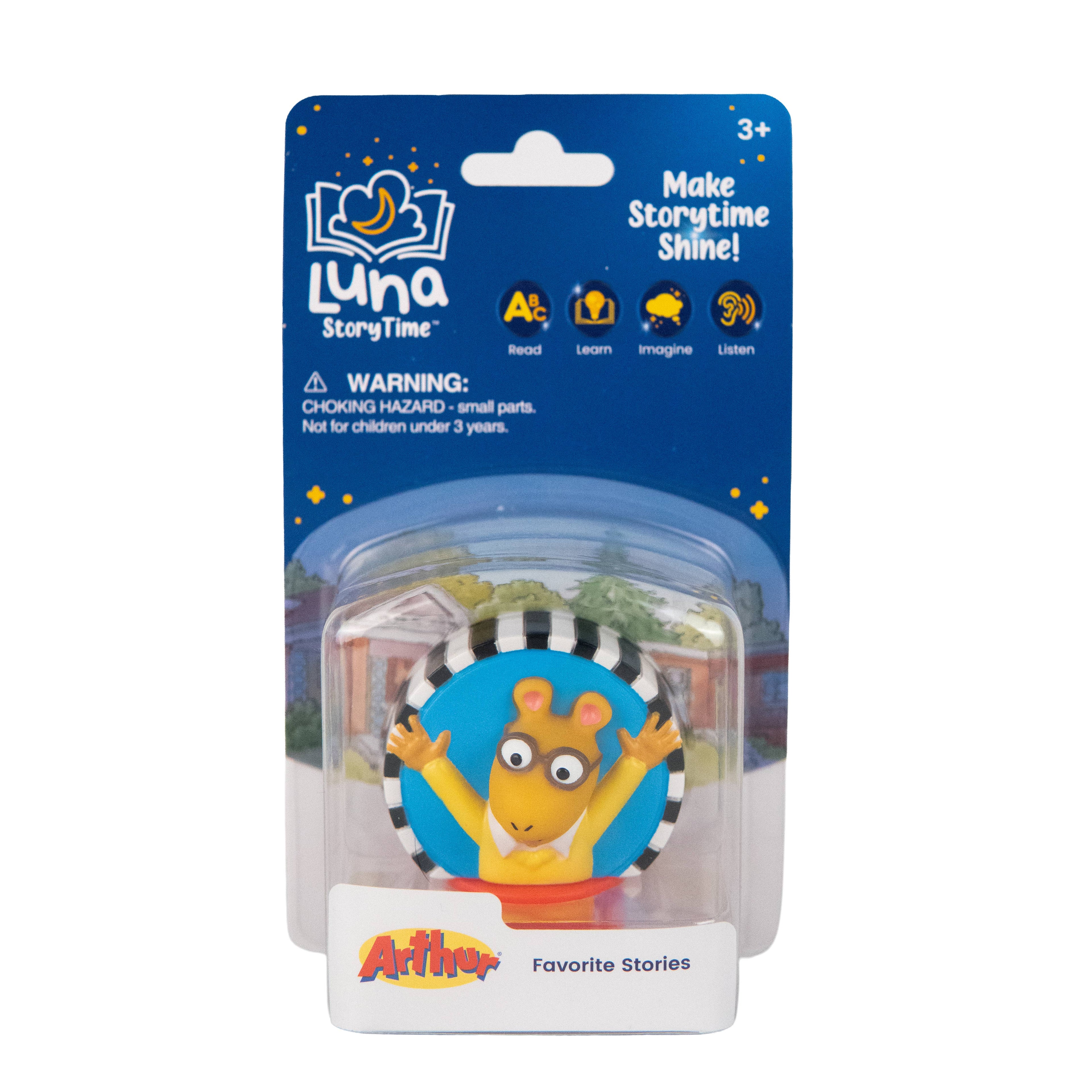 Toy packaging with a character on a blue background, featuring the Luna StoryTime branding.