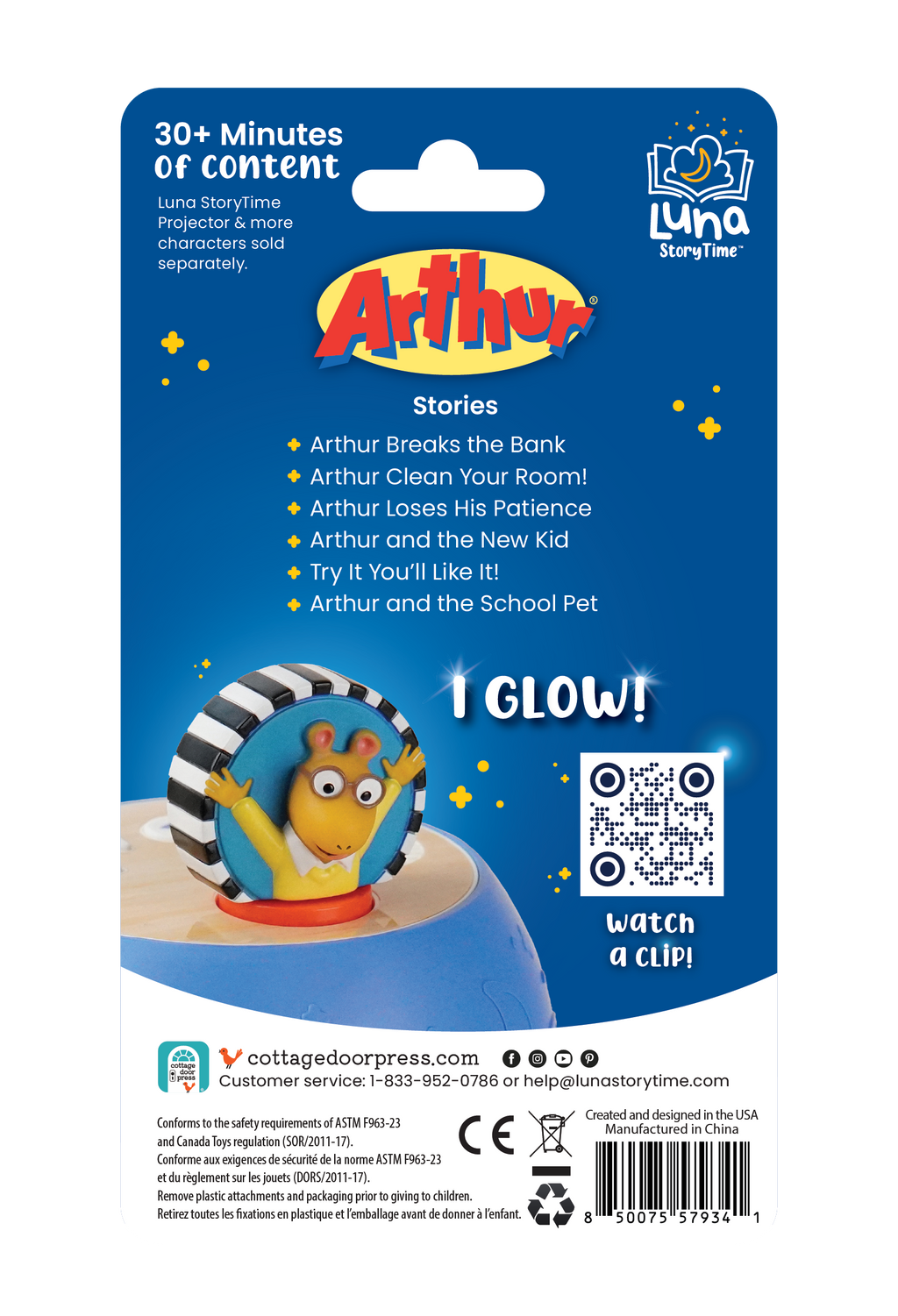 Arthur toy packaging with glowing feature and QR code on a blue background