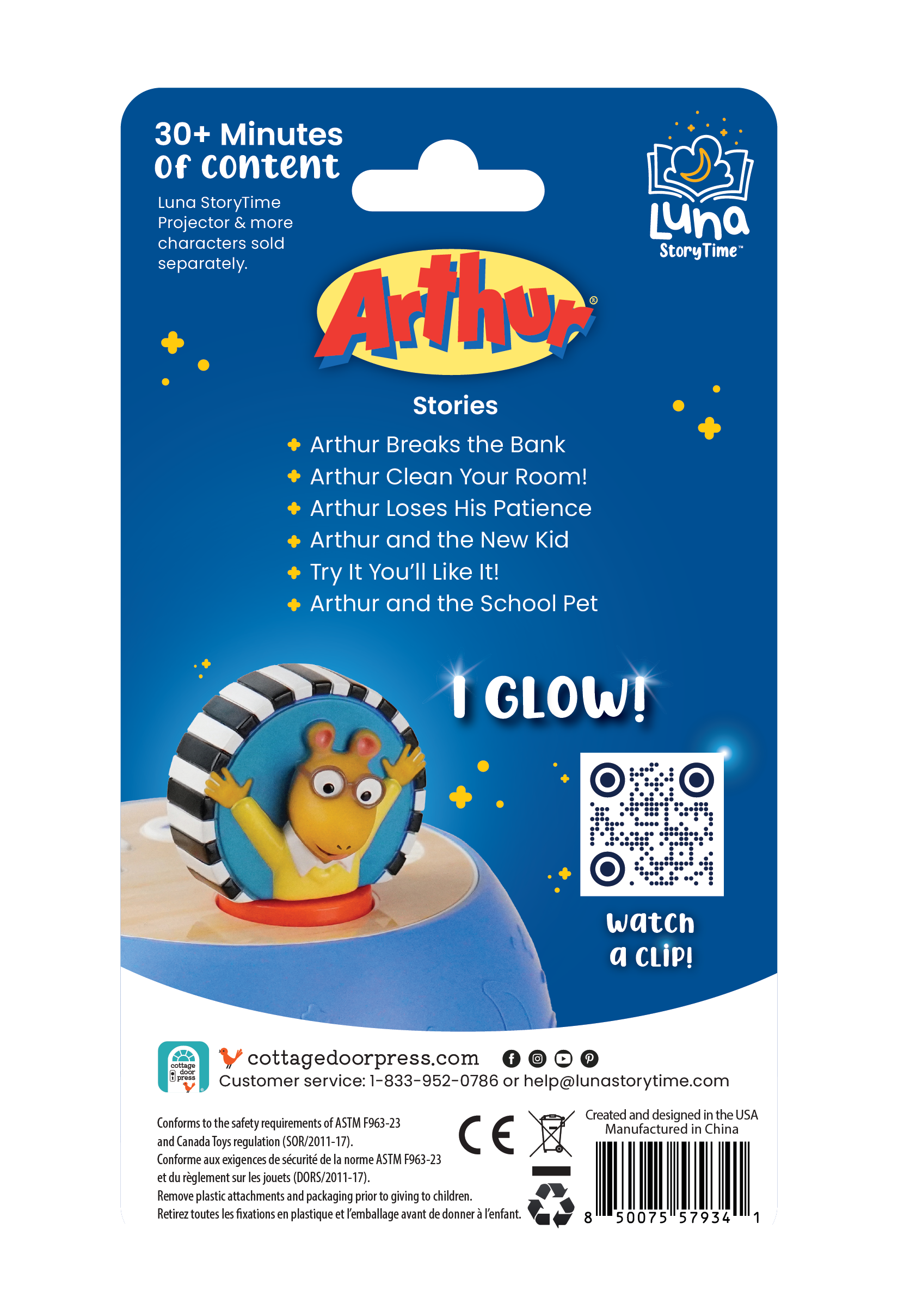 Arthur toy packaging with glowing feature and QR code on a blue background