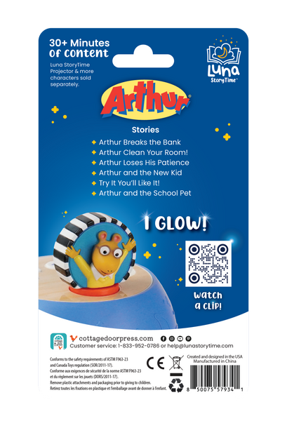Arthur toy packaging with glowing feature and QR code on a blue background
