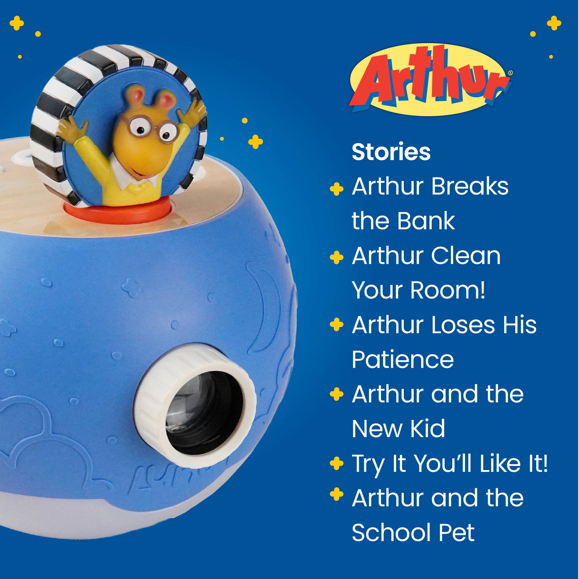 Toy with character on top and 'Arthur' branding on a blue background