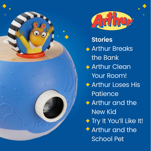 Toy with character on top and 'Arthur' branding on a blue background