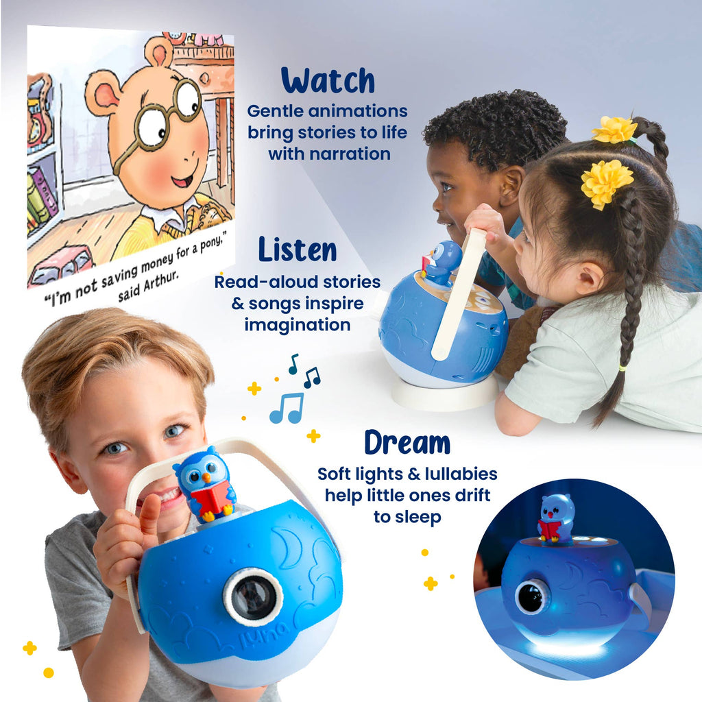 Children playing with a blue toy, with text describing its features.