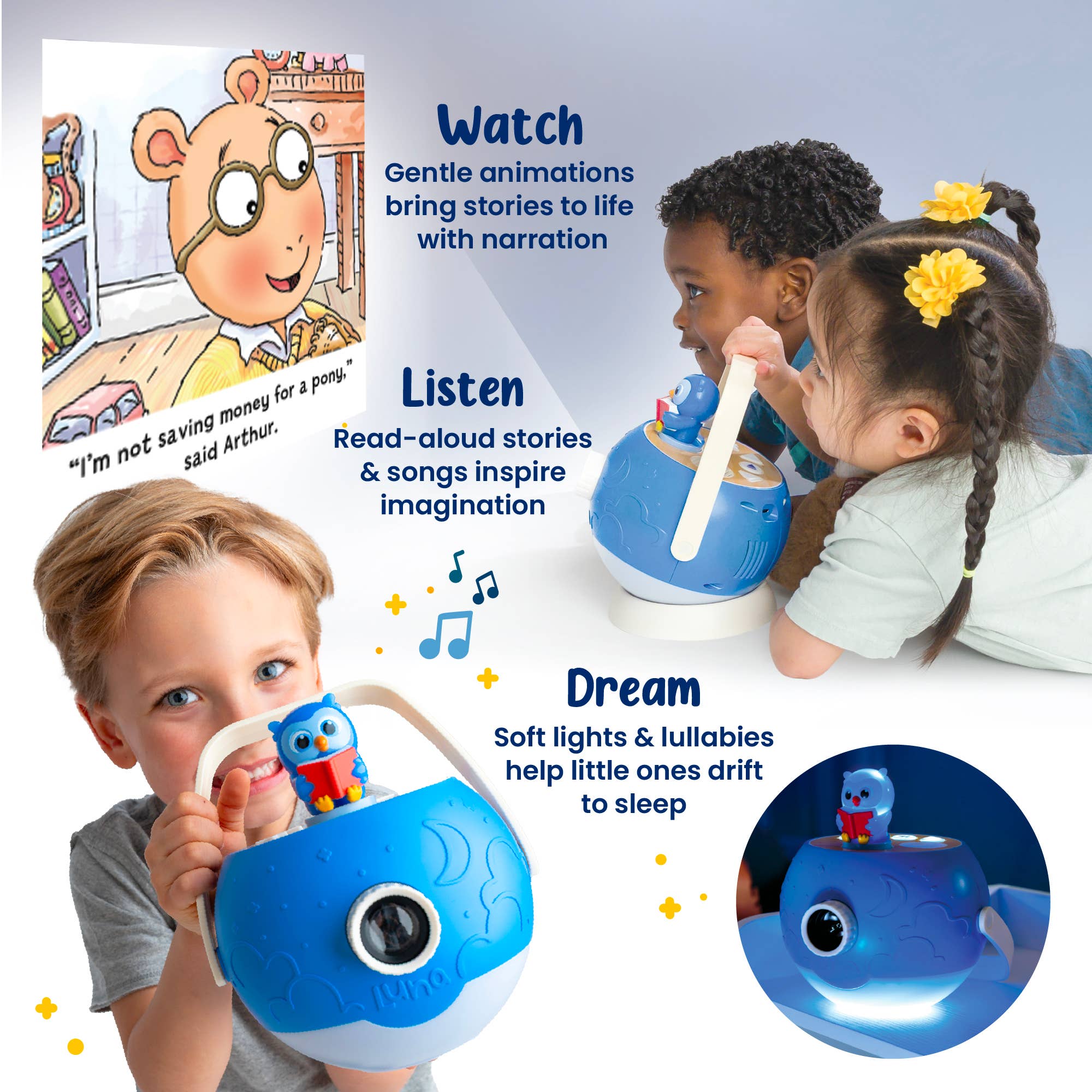 Children playing with a blue toy, with text describing its features.