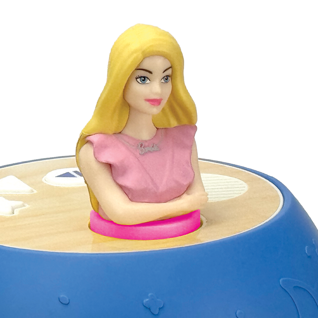Toy figure of a girl with blonde hair and pink dress on a blue and beige base