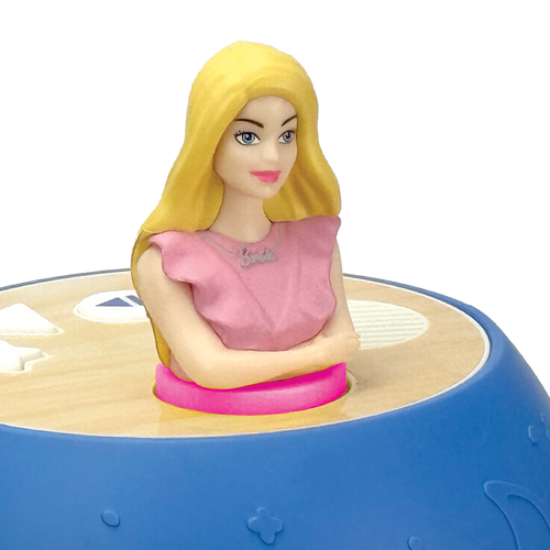 Toy figure of a girl with blonde hair and pink dress on a blue and beige base