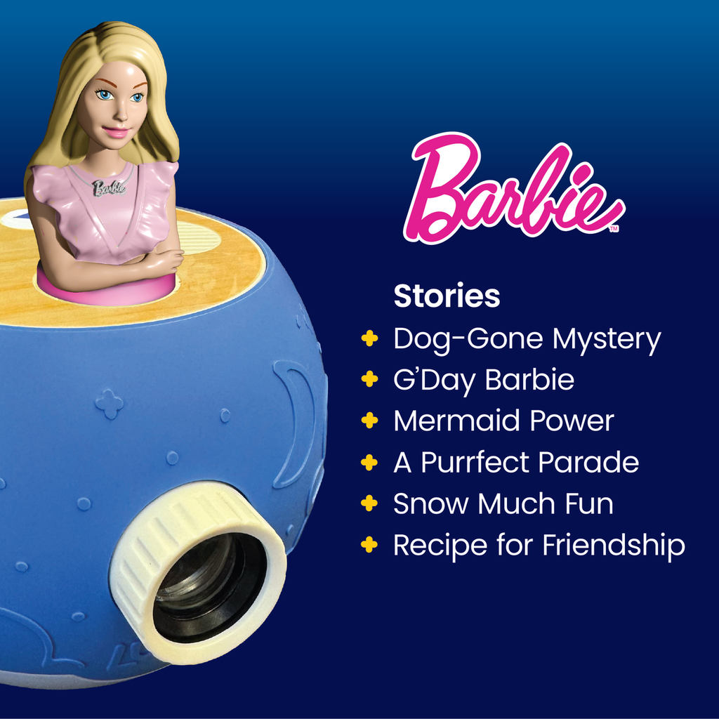Barbie toy with a blue and yellow base on a dark blue background, featuring the Barbie logo and list of stories.