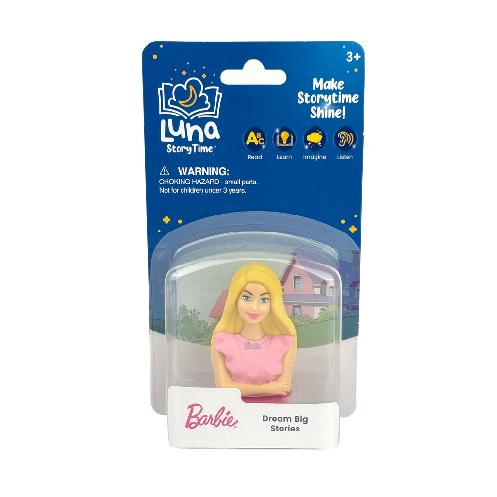 Barbie figurine in packaging with Luna StoryTime branding on a white background