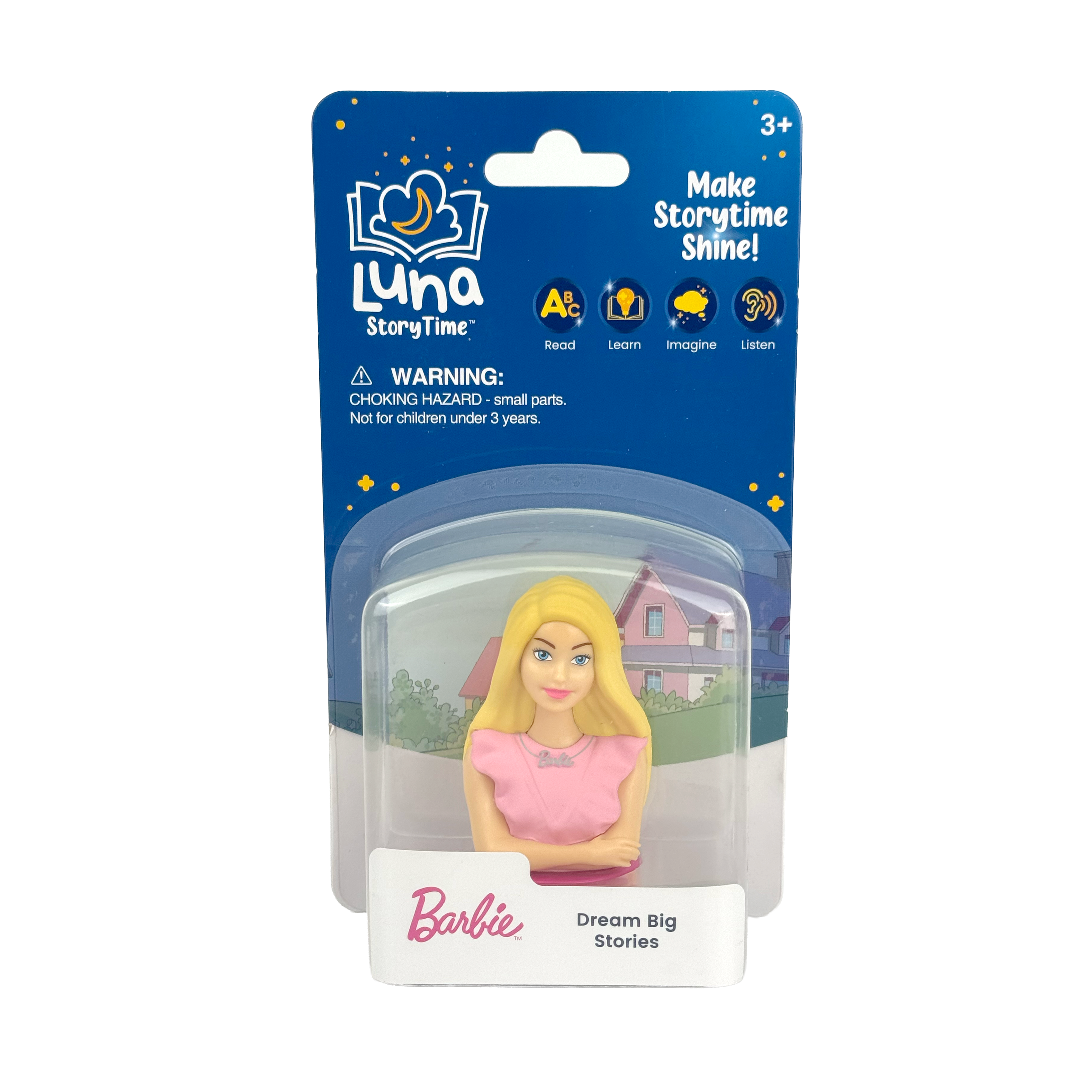 Barbie figurine in packaging with Luna StoryTime branding on a white background
