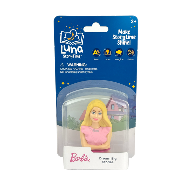 Barbie figurine in packaging with Luna StoryTime branding on a white background