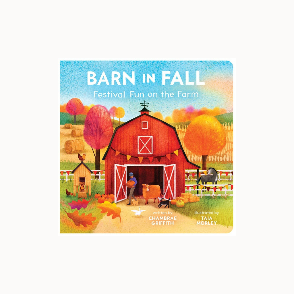 A children's board book titled 'BARN IN FALL' showing a colorful illustrated scene of a red barn, autumn trees, hay bales, and farm animals on a light gray background.