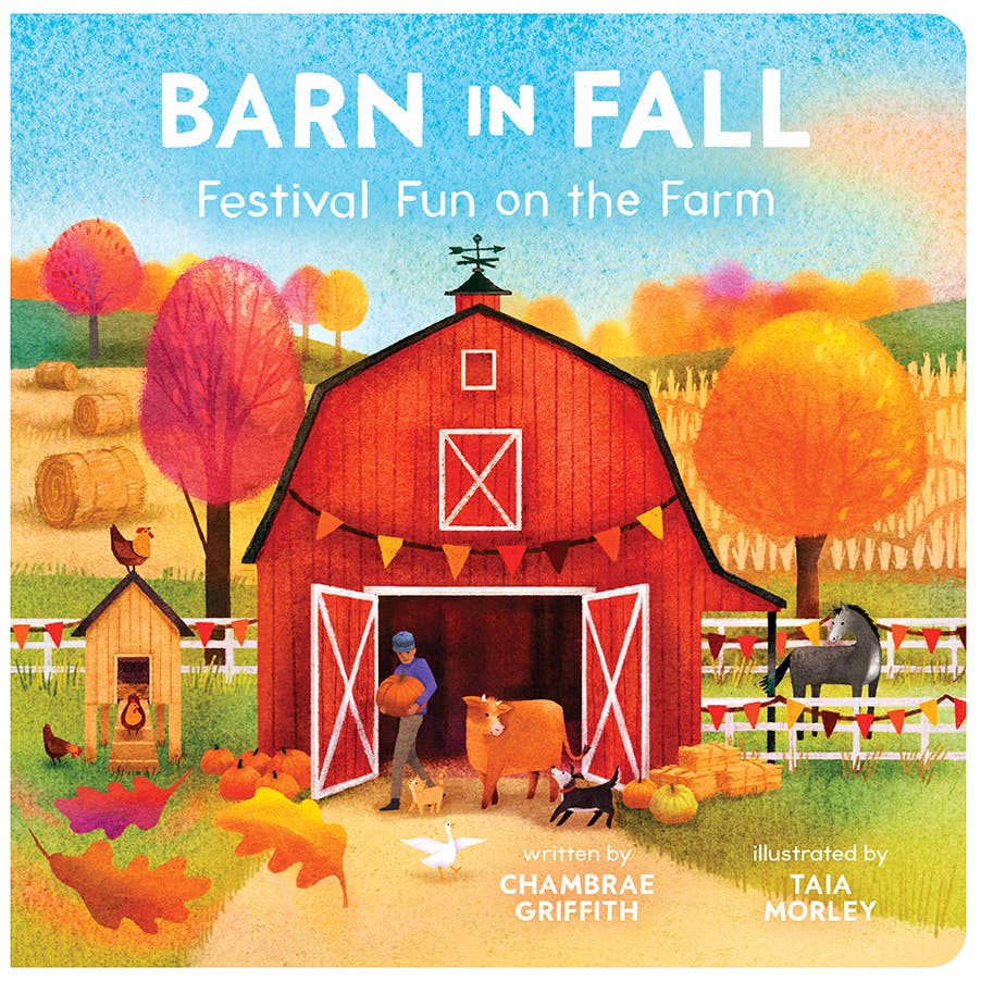 Book cover of 'Barn in Fall' with a red barn, autumn trees, and farm animals.