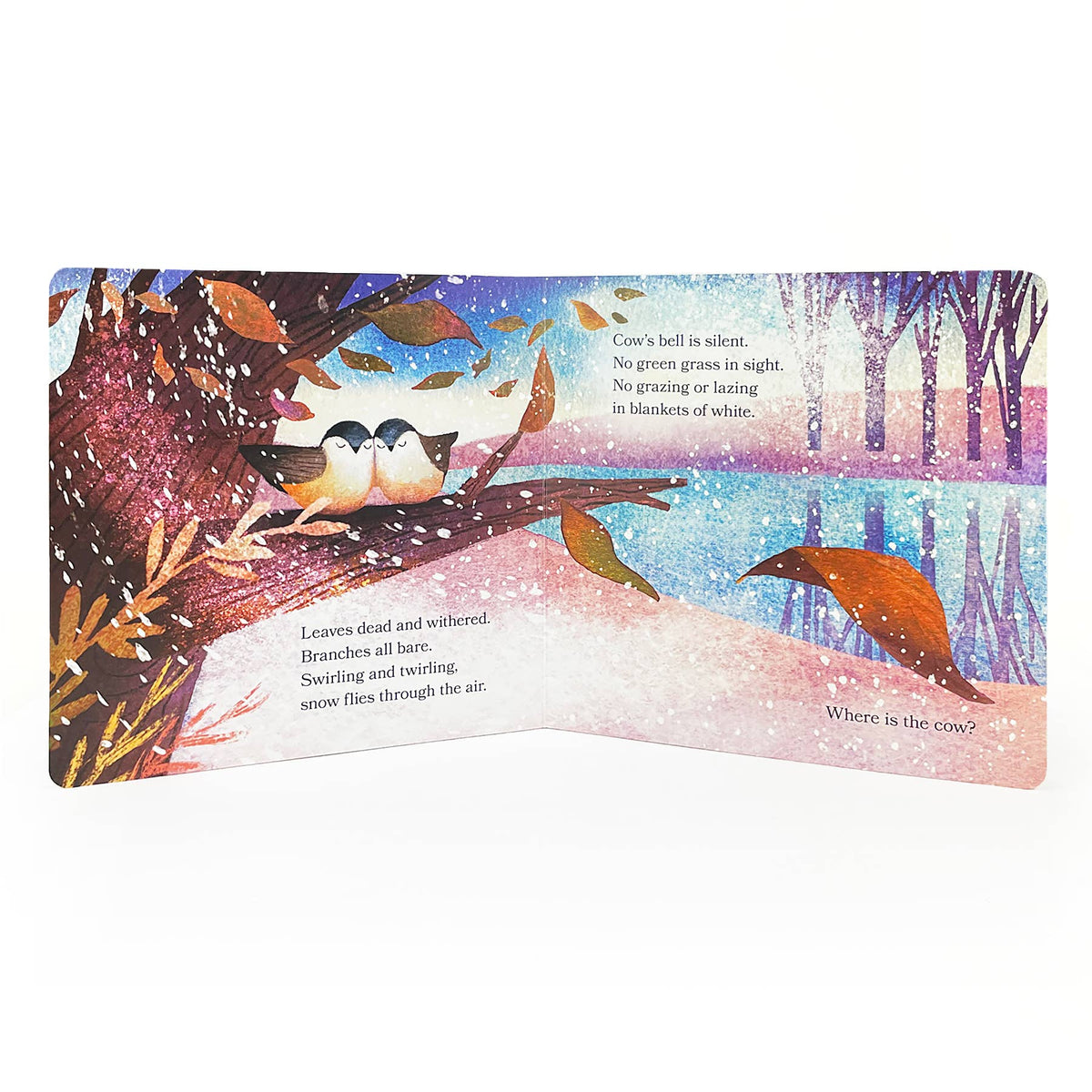Children's book page with winter scene illustration and text