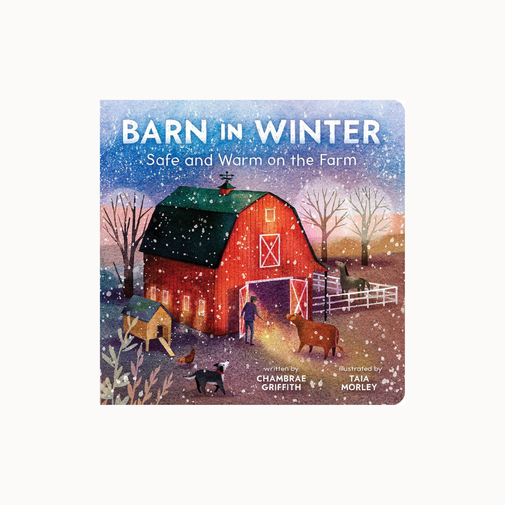 A children's board book titled 'Barn in Winter: Safe and Warm on the Farm' with a colorful winter farm illustration on the cover, photographed against a plain light background.