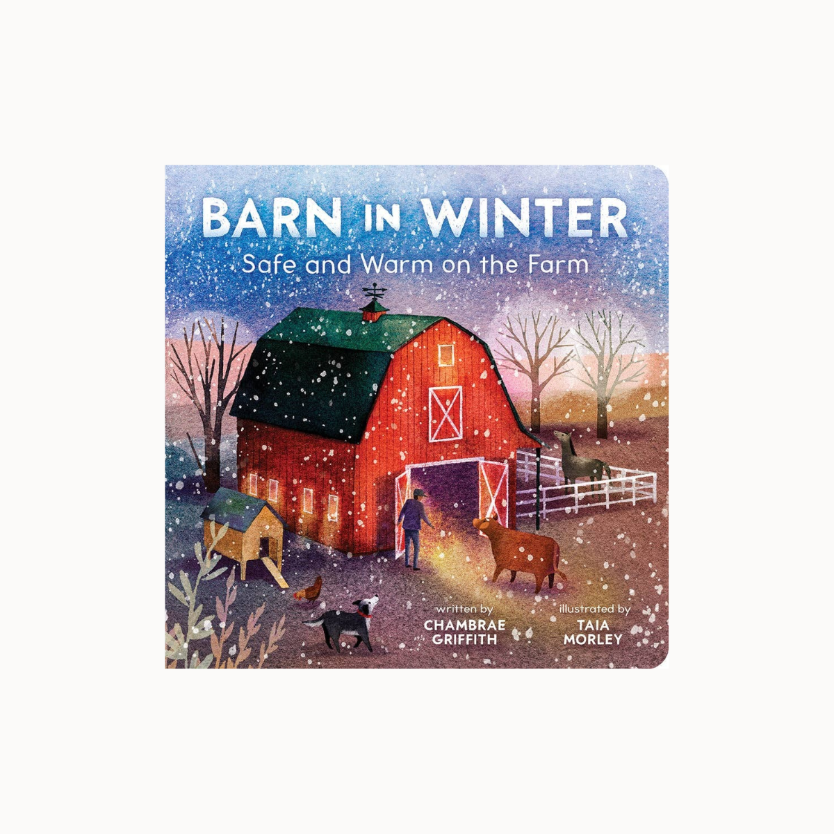 A children's board book titled 'Barn in Winter: Safe and Warm on the Farm' with a colorful winter farm illustration on the cover, photographed against a plain light background.