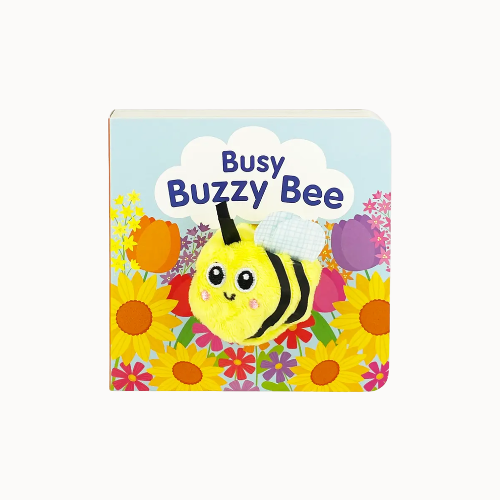 Busy Buzzy Bee board book featuring a cute yellow and black bumblebee plush toy on a colorful floral background with sunflowers and flowers.