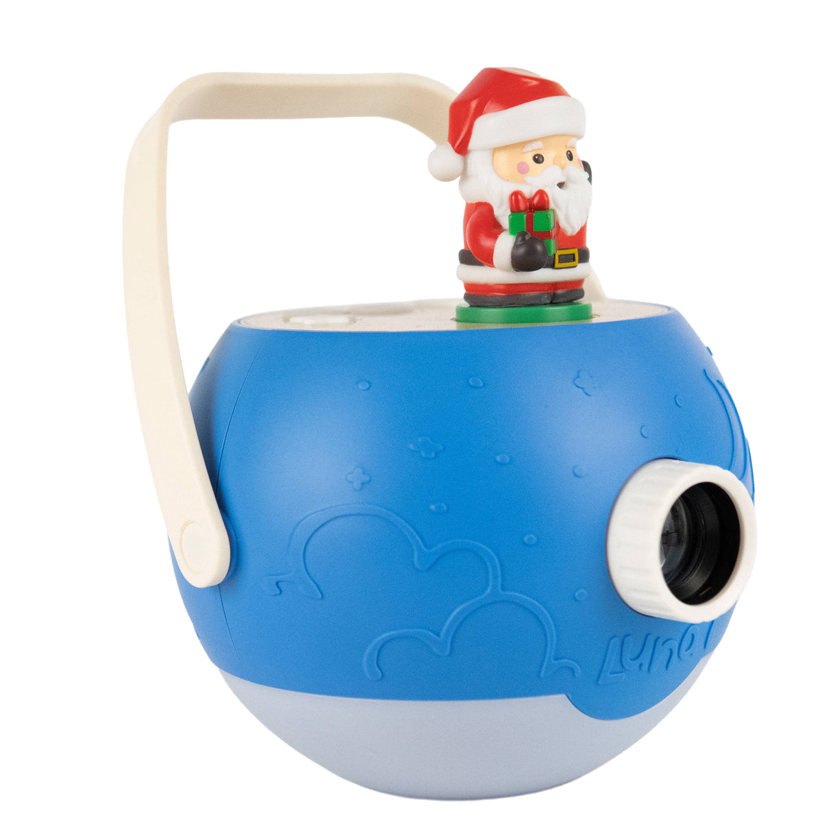 A blue and white spherical projector with a cream-colored carrying handle, featuring a Santa Claus figurine on top and a circular lens opening on the side.