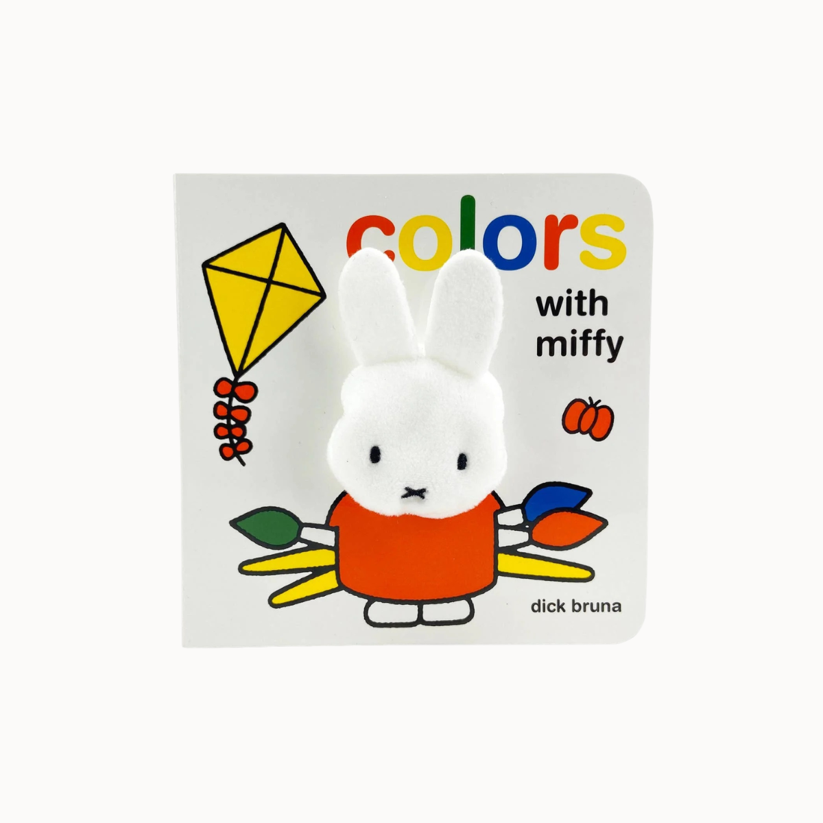 A children's board book titled 'colors with miffy' by Dick Bruna, featuring a white rabbit character in an orange shirt holding colorful crayons on a light gray background.