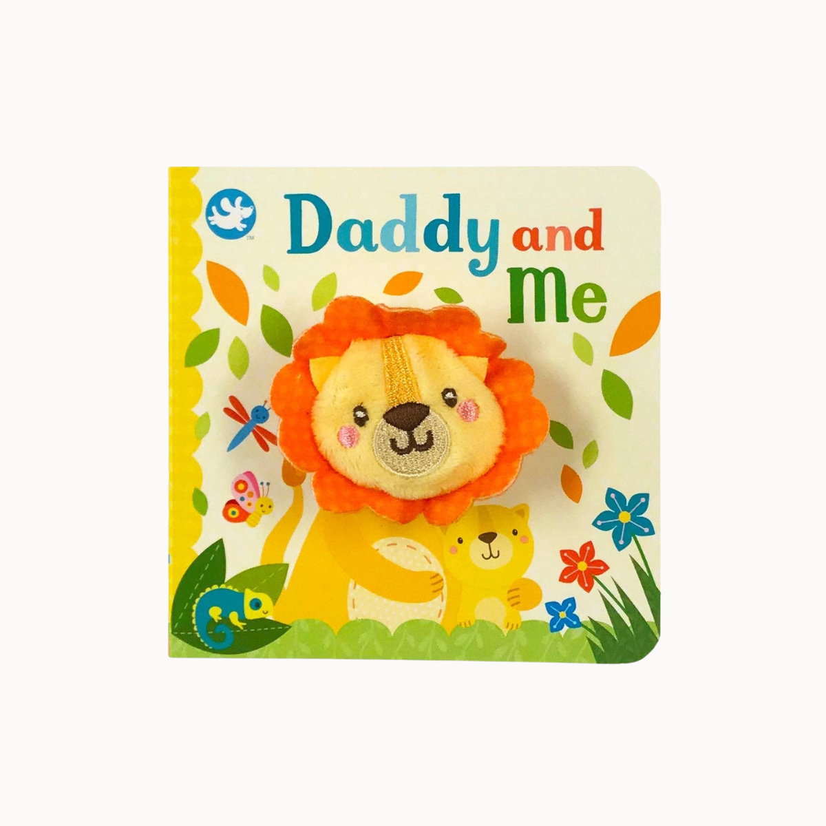 A children's board book titled 'Daddy and Me' featuring a plush lion and baby lion toy on the cover, photographed on a clean white background.