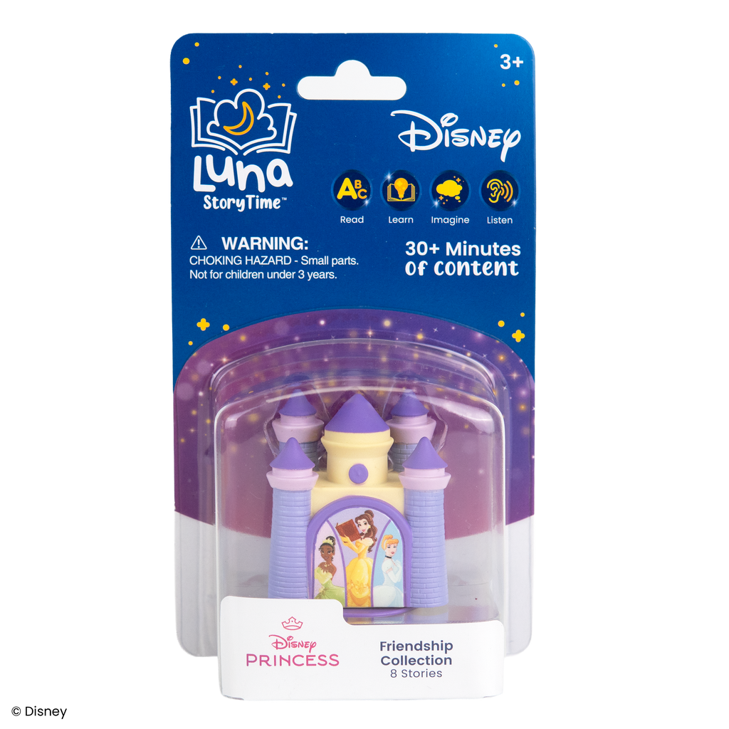 Disney Luna StoryTime Friendship Collection toy in its original retail packaging. The package features a blue header card with Disney branding and a clear plastic blister pack containing a small purple and yellow castle-shaped storytelling toy with a character portrait on the front.