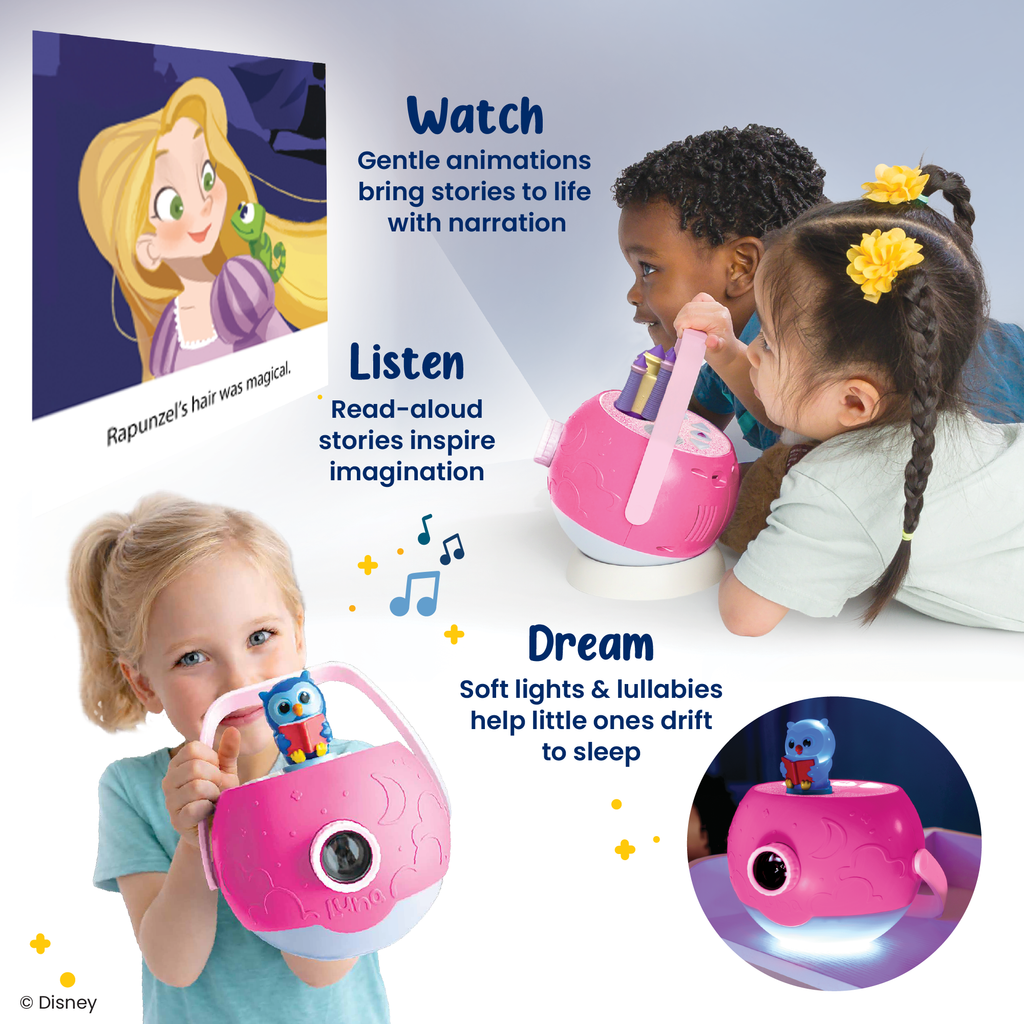 A children's Disney Rapunzel sleep story toy shown in use by two children on a light blue background with feature callouts: Watch, Listen, Dream, and an inset showing Rapunzel's magical hair. The product is a pink fish-shaped speaker/night light with a white base and small character figure.