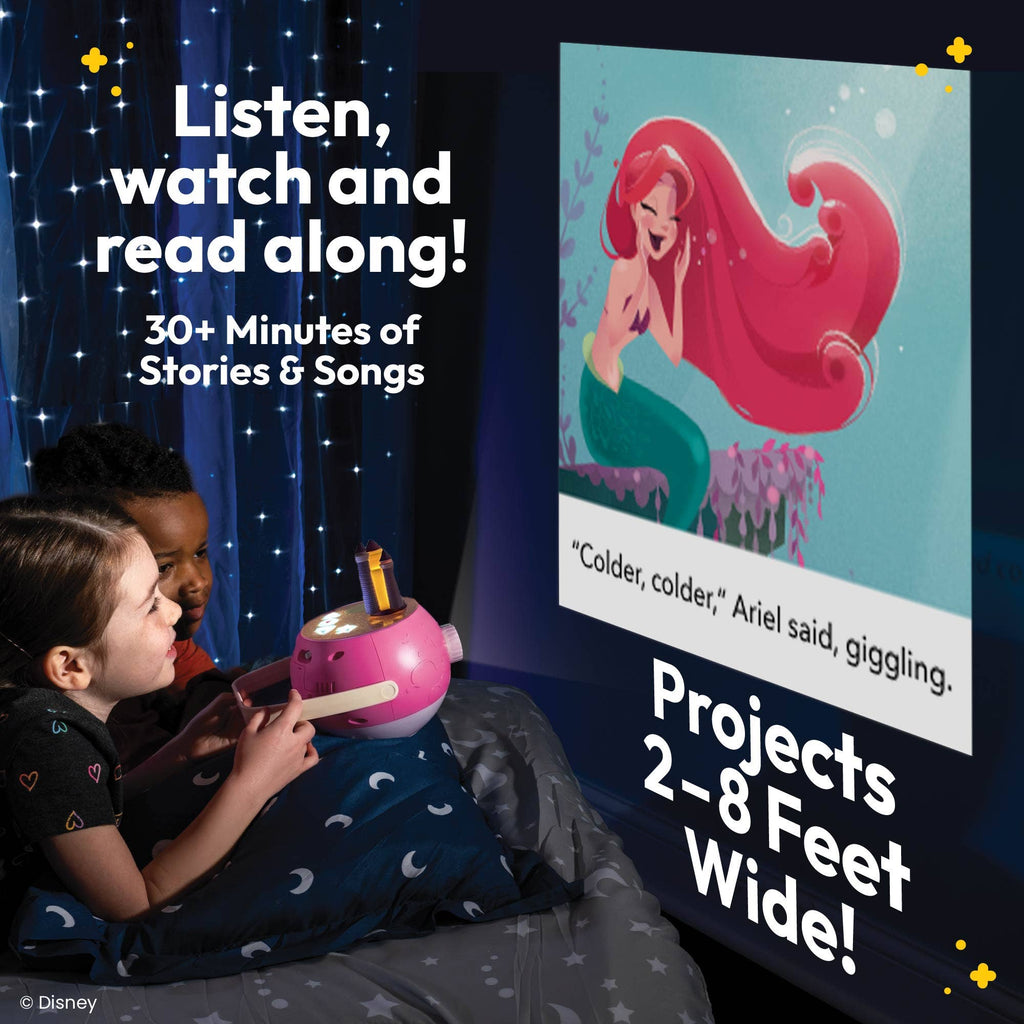 Children using a Disney Magic Light Box projector in a dark bedroom, creating a large Ariel from The Little Mermaid scene on the wall. Text highlights 30+ minutes of stories and songs and mentions projects up to 2-8 feet wide.