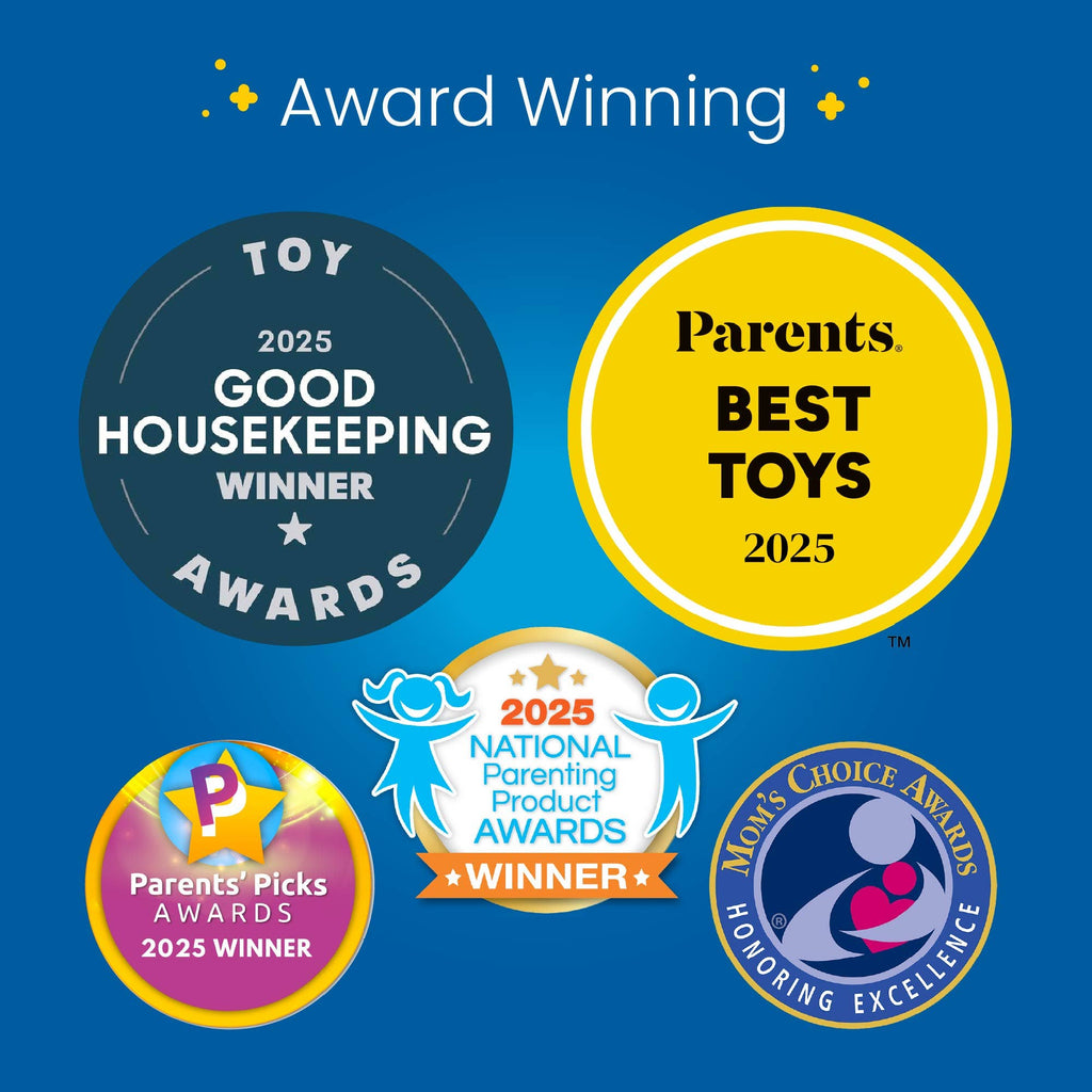 A blue graphic featuring five award seals and the text 'Award Winning' at the top. The seals include Toy Good Housekeeping Awards 2025, Parents Best Toys 2025, Parents' Picks Awards 2025 Winner, National Parenting Product Awards 2025 Winner, and Moms' Choice Awards Honoring Excellence.