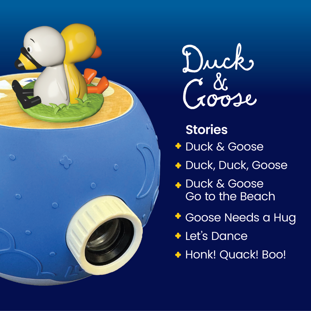 Toy with duck and goose figures on top, featuring a list of stories on a blue background.