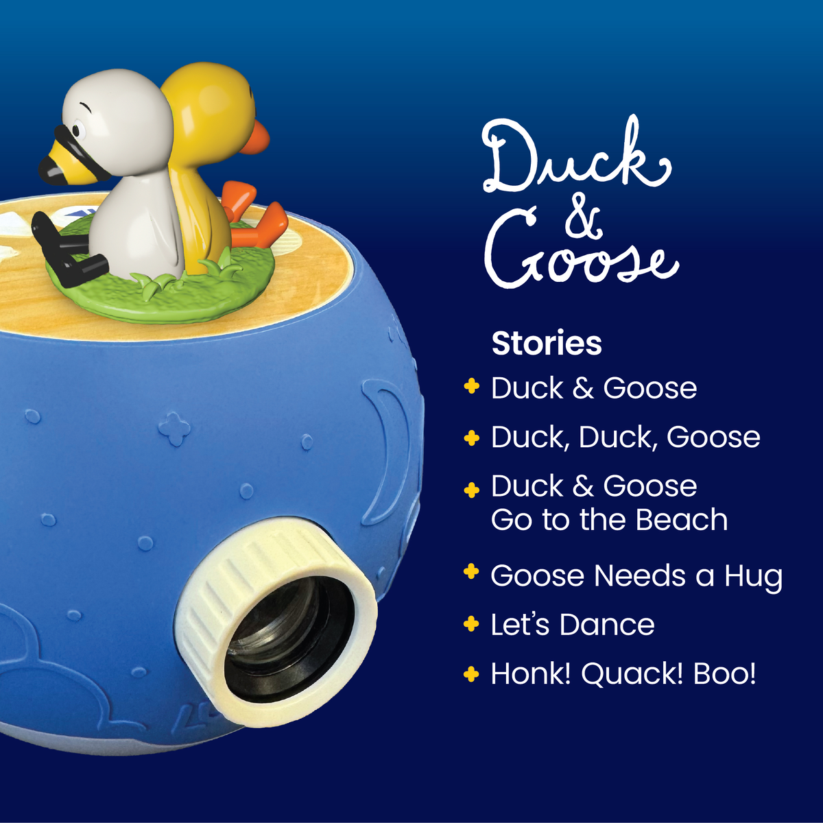 Toy with duck and goose figures on top, featuring a list of stories on a blue background.