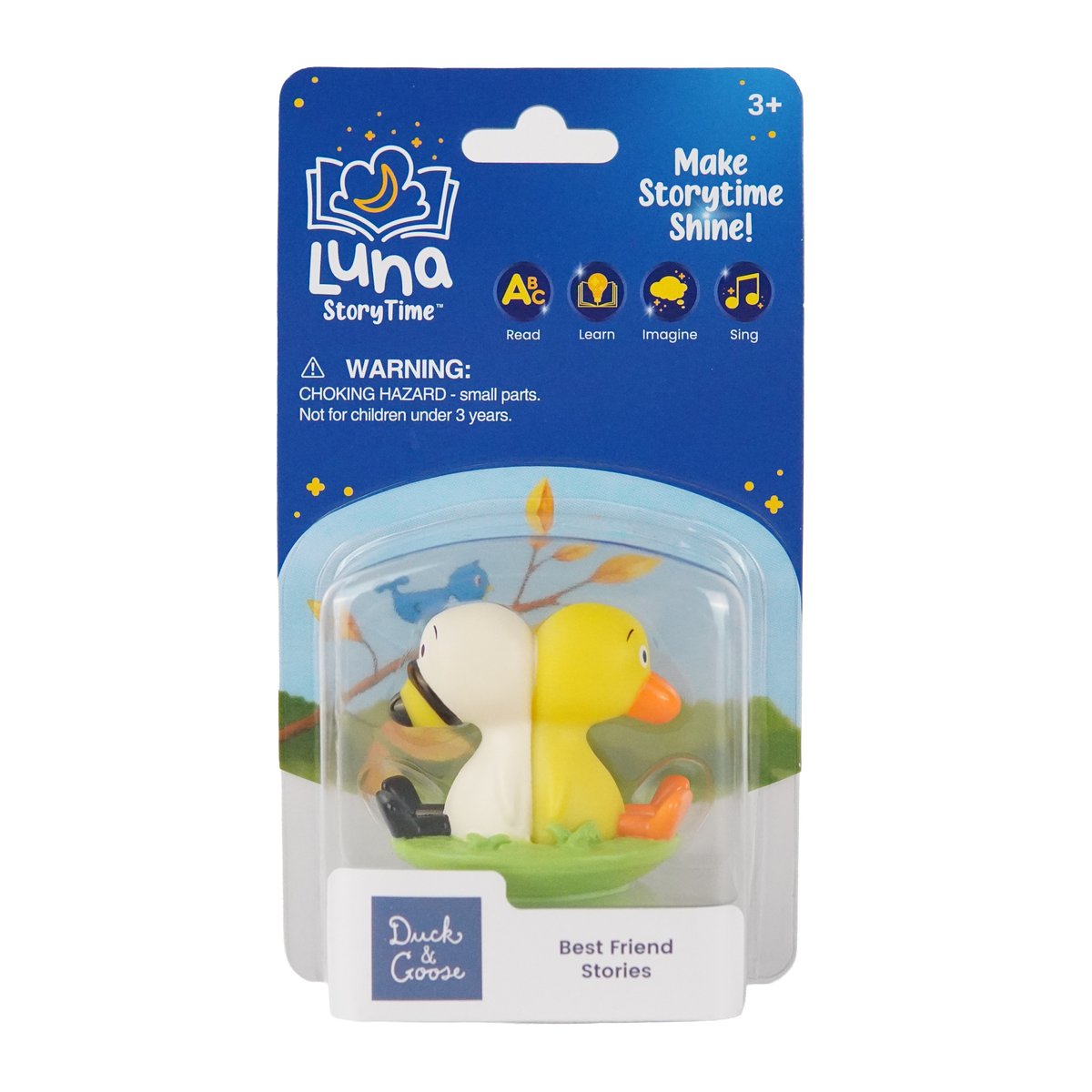 Packaged toy featuring a duck and a bee with Luna Story Time branding on the packaging.