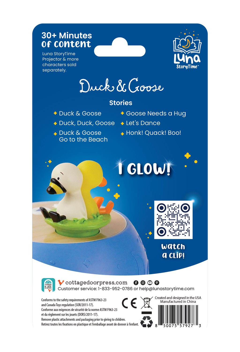 Back of a toy packaging with a duck and goose figure, featuring text and a QR code.