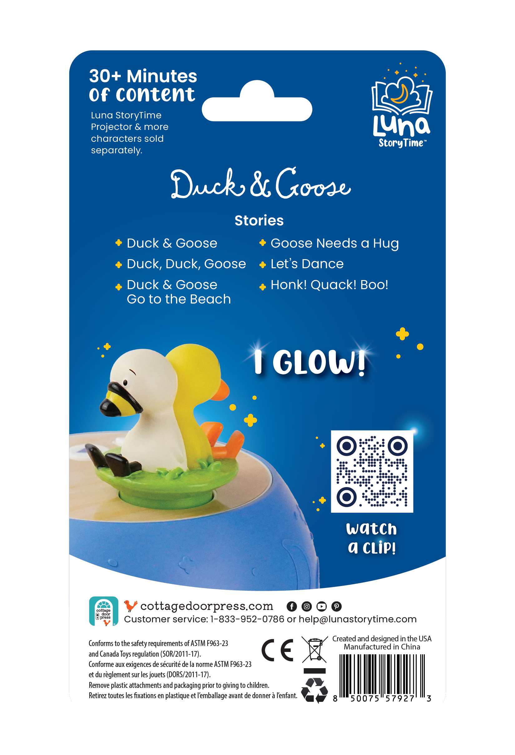 Back of a toy packaging with a duck and goose figure, featuring text and a QR code.
