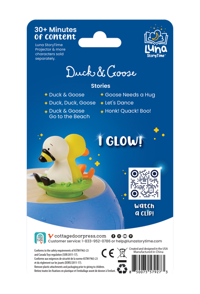 Back of a toy packaging with a duck and goose figure, featuring text and a QR code.