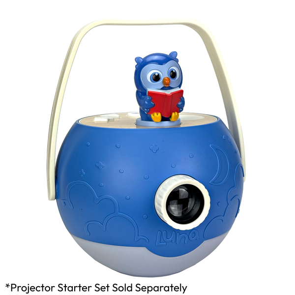 Blue owl projector with a white handle on a white background