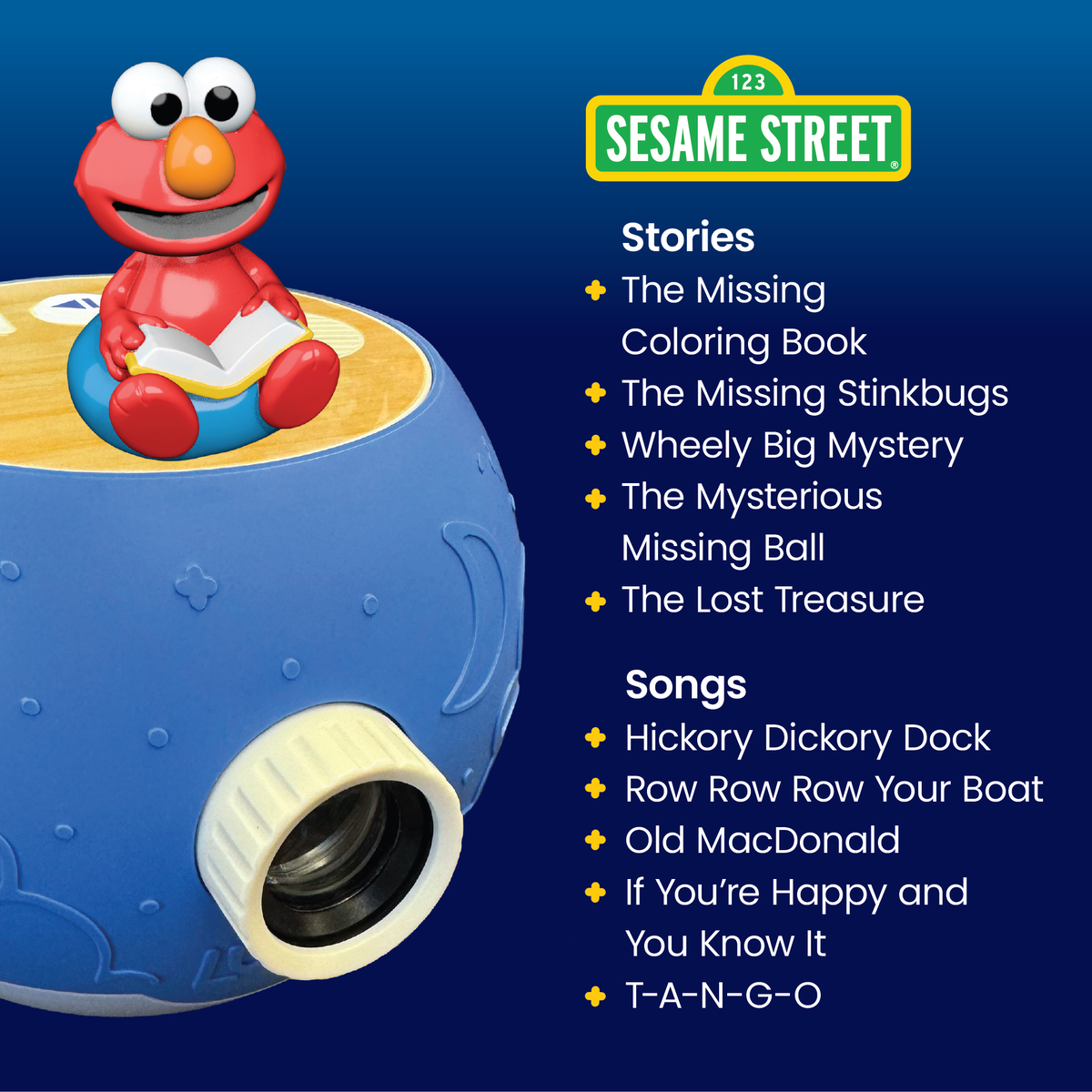 Sesame Street toy with Elmo on a blue background, featuring stories and songs.