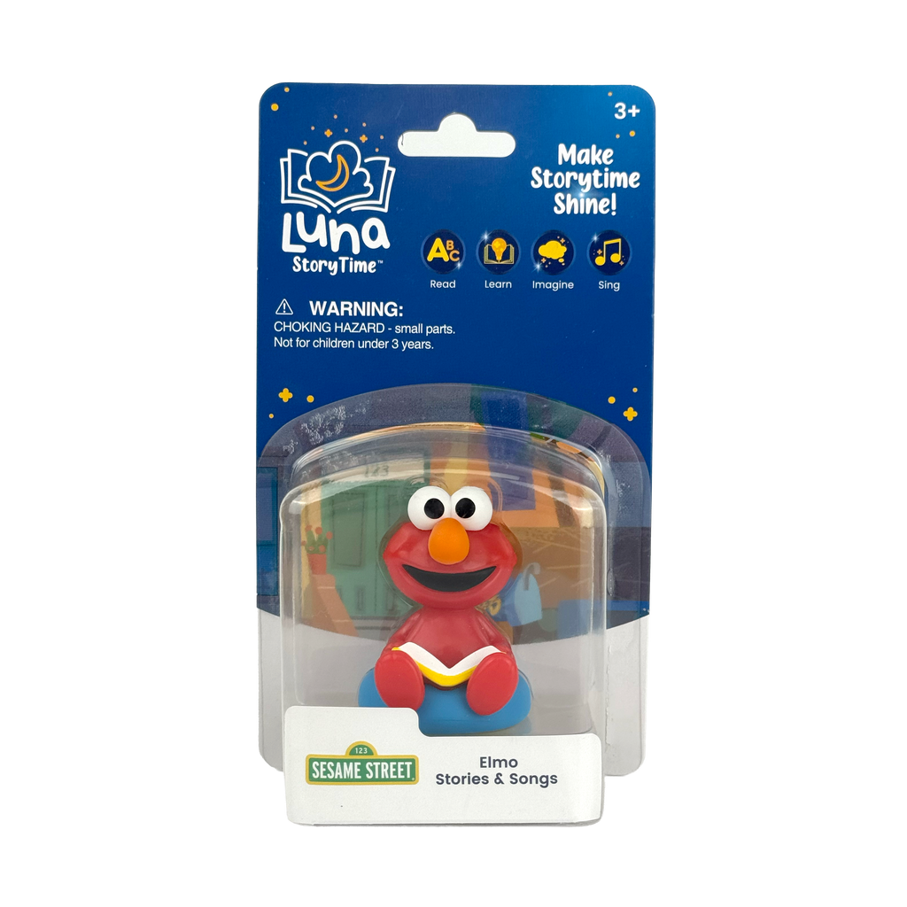 Sesame Street Elmo figurine in packaging with Luna StoryTime branding
