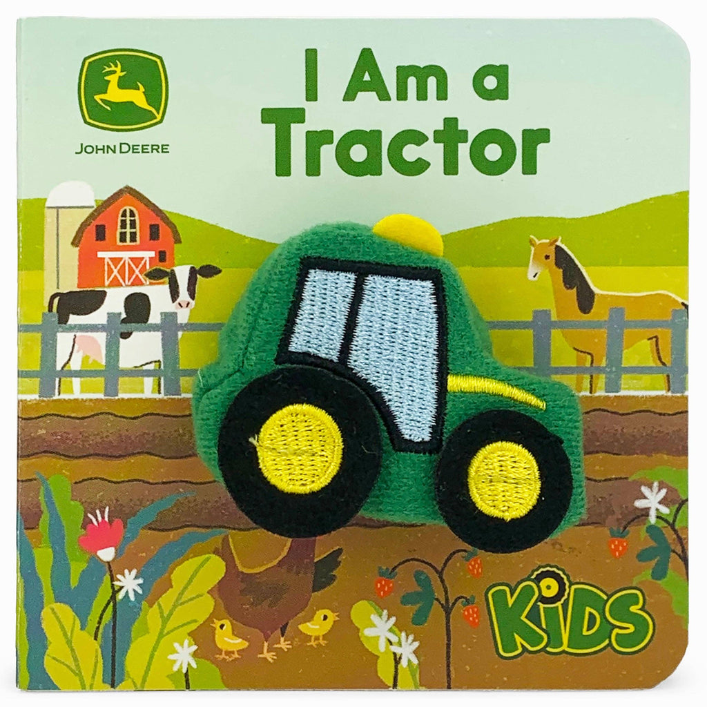 Book cover of 'I Am a Tractor' by John Deere with a tractor illustration on a farm background.