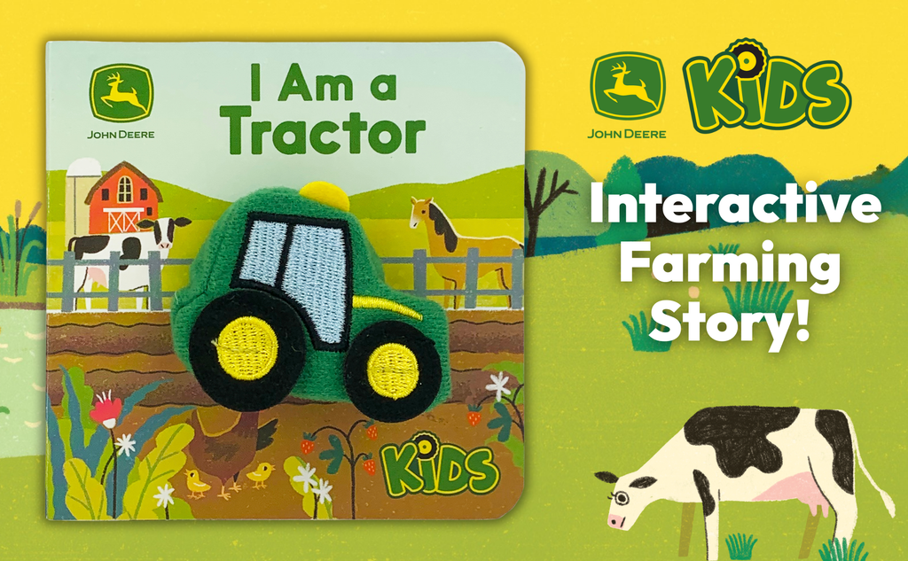 Children's book titled 'I Am a Tractor' by John Deere on a yellow background