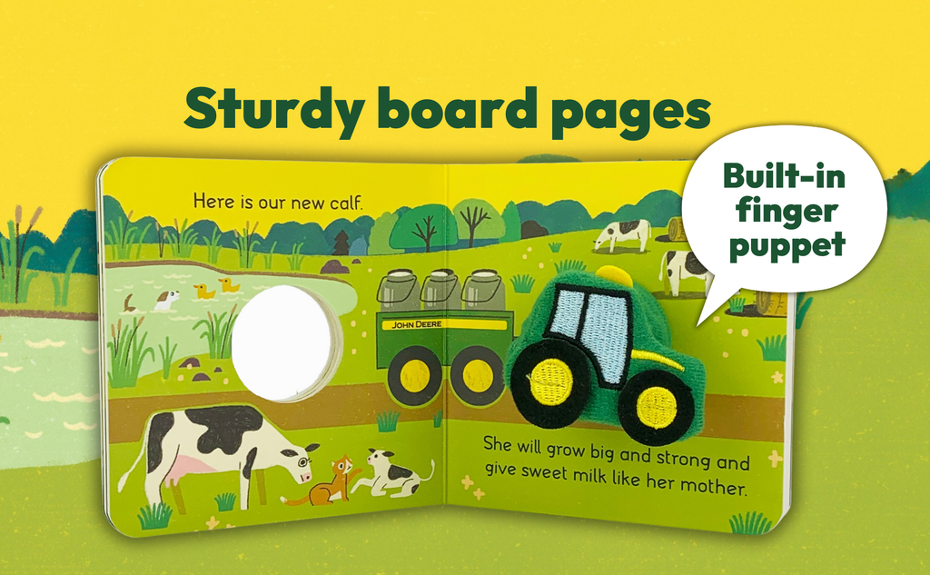 Children's book page with a tractor, cow, and text on a yellow background