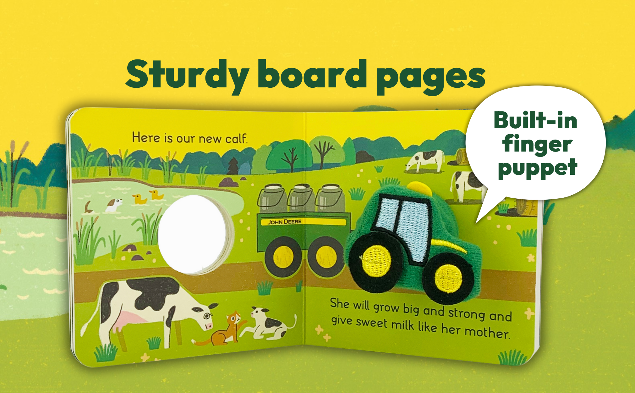 Children's book page with a tractor, cow, and text on a yellow background