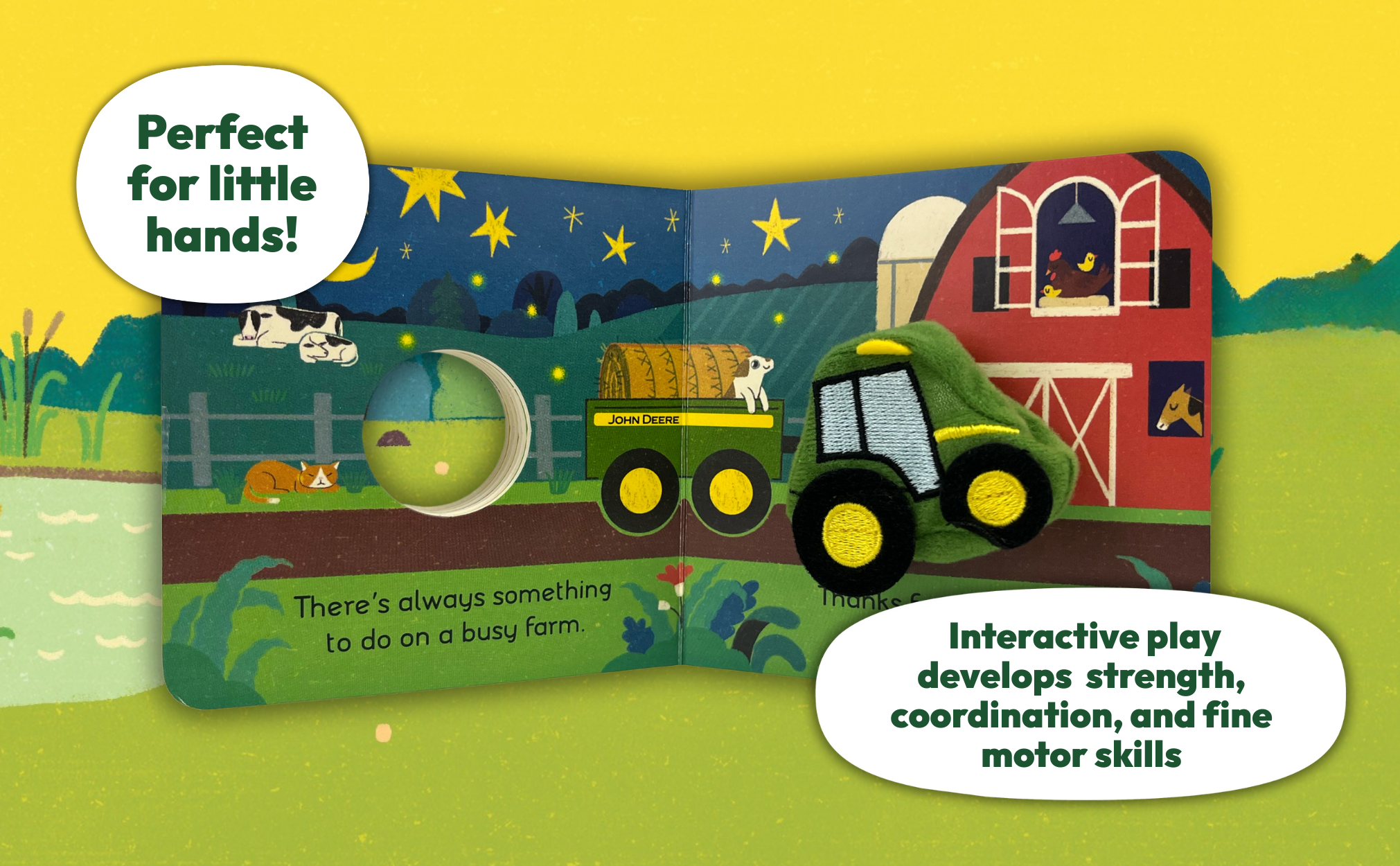 Children's book with farm-themed illustrations on a yellow background