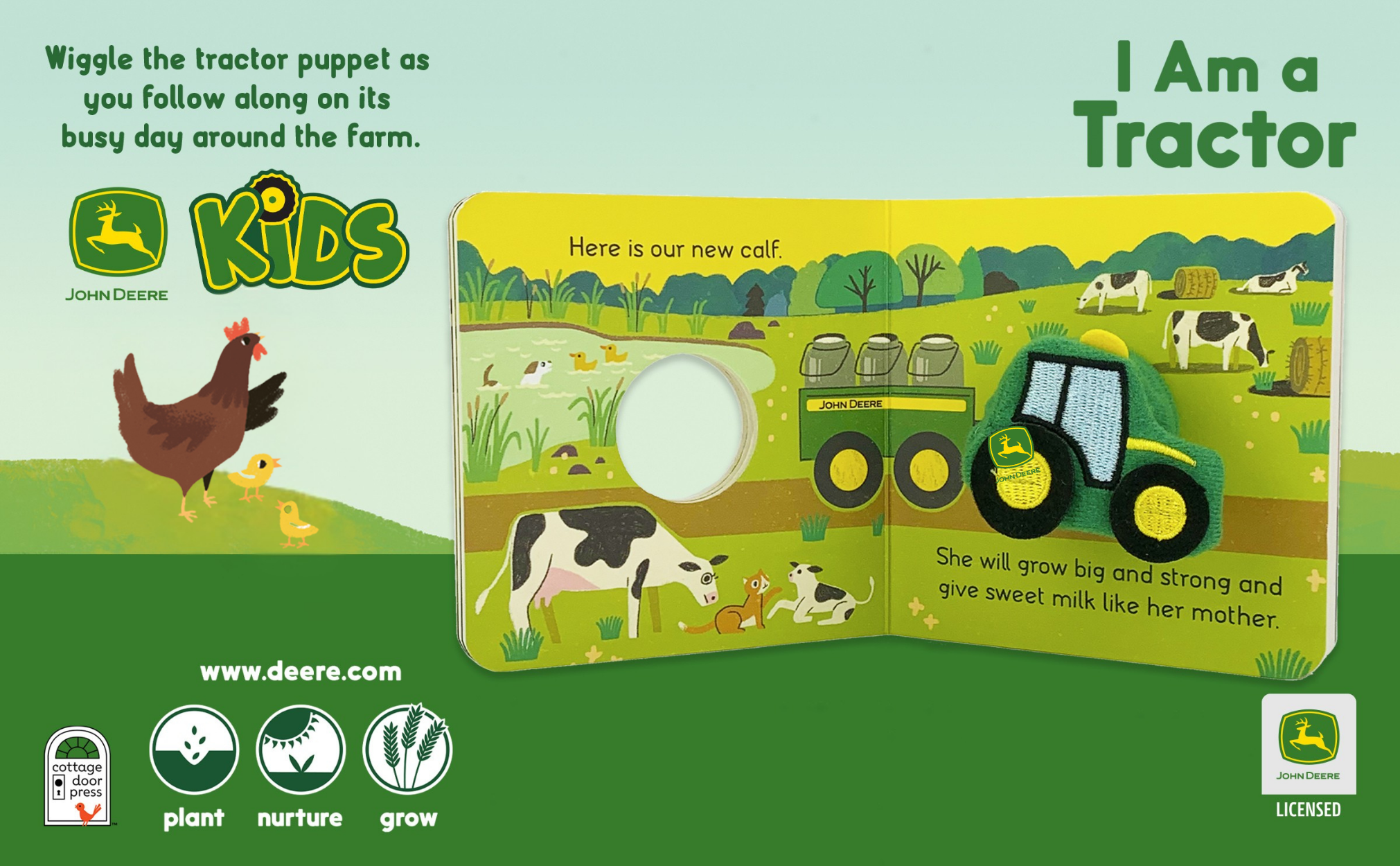 Children's book or card featuring a tractor and farm animals with John Deere branding.