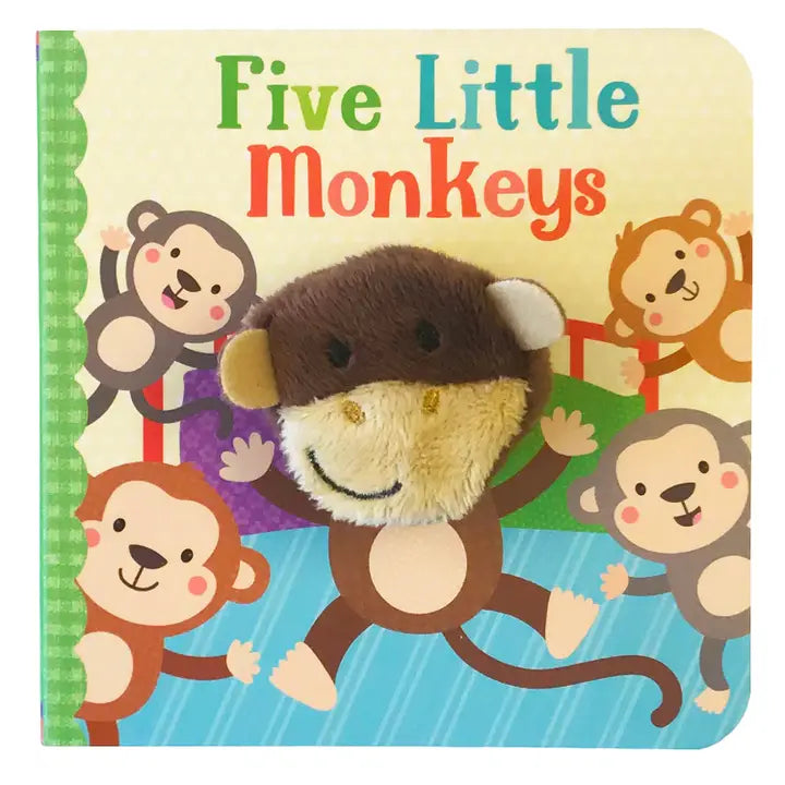 A board book with a finger puppet featuring illustrations of five little monkeys. The title 'Five Little Monkeys' is visible on the cover.