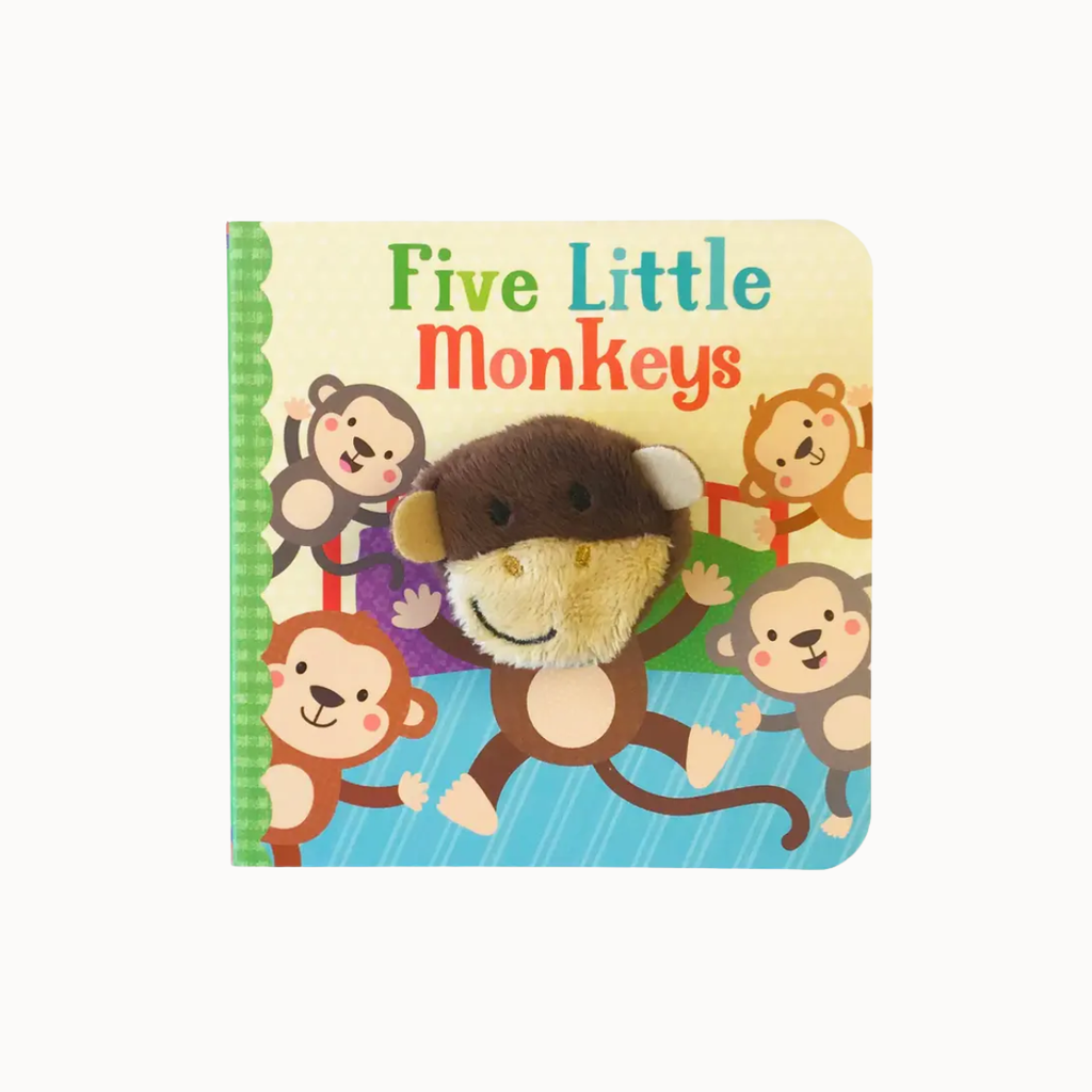 Five Little Monkeys board book featuring a plush monkey toy attached to the cover, shown on a light gray background.