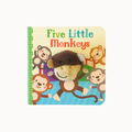 Five Little Monkeys board book featuring a plush monkey toy attached to the cover, shown on a light gray background.