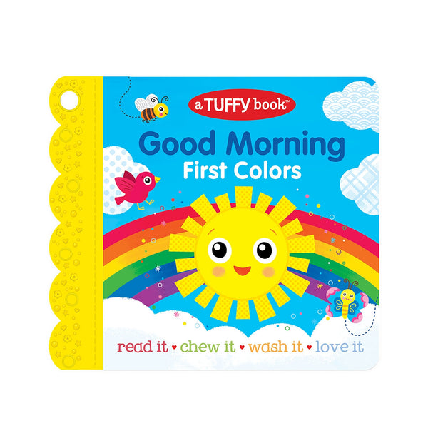 Children's book titled 'Good Morning First Colors' with a sun and rainbow design on the cover.