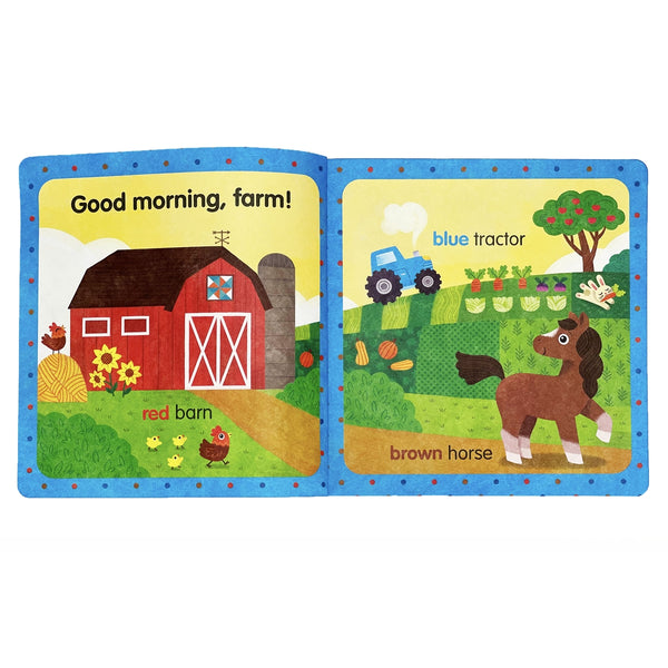 Open children's book with farm-themed illustrations on a white background